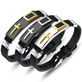 Bracelet homme silicone � plaque acier avec croix