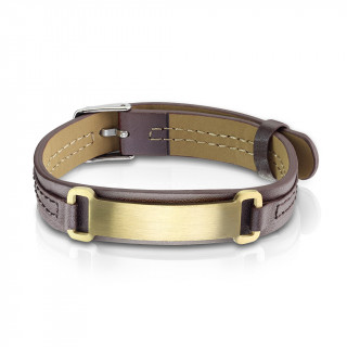 Bracelet homme similicuir � plaque en acier bross� dor� - Marron