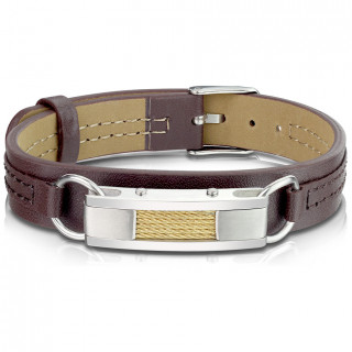 Bracelet homme similicuir marron � barrette et filins d'acier