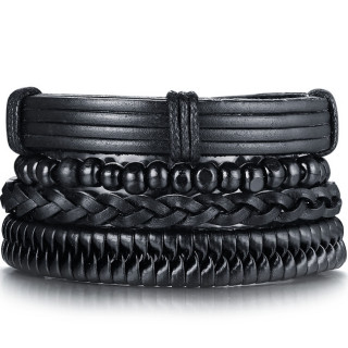 Bracelet homme similicuir multicouches noir � perles de bois