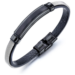 Bracelet homme similicuir noir et mailles d'acier � plaque ID