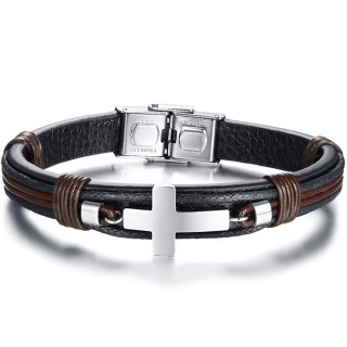 Bracelet homme similicuir noir et marron � croix acier