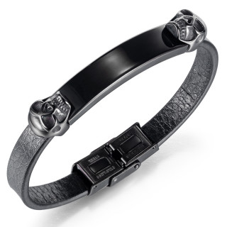 Bracelet homme similicuir � plaque noire avec cranes sculpt�s
