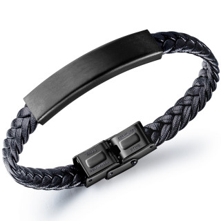 Bracelet homme tresse cuir � plaque noir acier