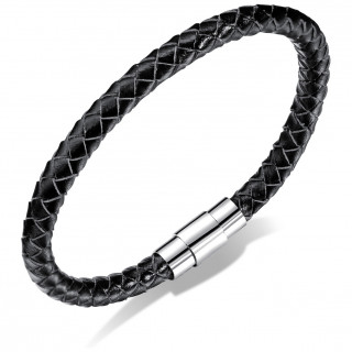 Bracelet homme tresse de cuir noir avec attache magn�tique