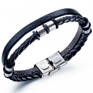 Bracelet homme tresse et bande similicuir � cylindres ray�s