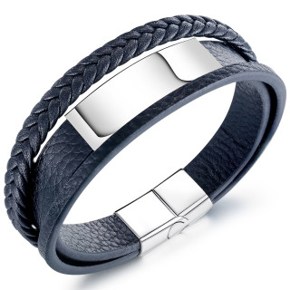 Bracelet homme tresse et rubans similicuir � plaque d'acier