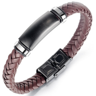Bracelet homme � tresse marron et plaque bomb�e en acier