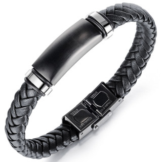 Bracelet homme � tresse noire et plaque bomb�e en acier