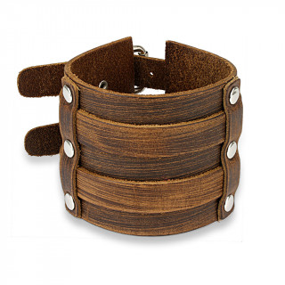 Bracelet large en cuir marron aspect us� rivet� � double ceinture