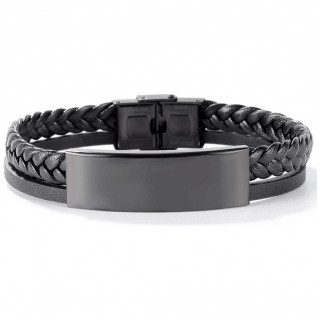 Bracelet noir pour homme � plaque ID avec tresse et lani�re similicuir