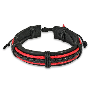 Bracelet rouge et noir avec lani�re et tresse cuir