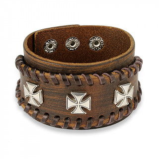 Bracelet similicuir marron aspect us� travers� de lacets avec trio de croix de Malte