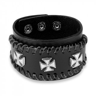 Bracelet similicuir noir travers� de lacets avec trio de croix de Malte