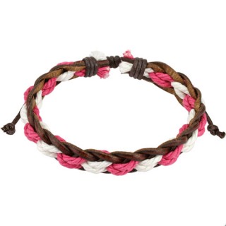 Bracelet tress� de cuir marron avec cordage blanc et rose