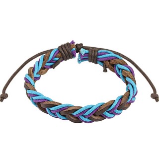 Bracelet tress� de cuir marron avec lacets bleus et violets