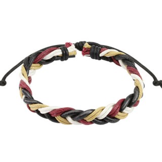 Bracelet tress� de cuir marron avec lacets bordeaux, beiges et blancs