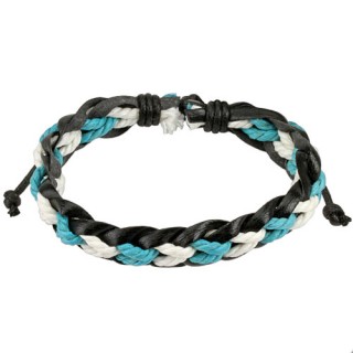 Bracelet tress� de cuir noir avec cordage blanc et turquoise