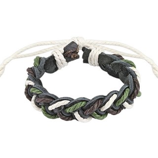 Bracelet tress� de cuir noir avec lacets blancs, marrons et verts