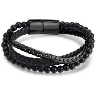 Bracelet triple homme � tresse avec perles et chaine en acier noir