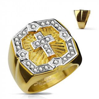 Chevali�re dor�e croix chr�tienne ardente sertie de pierres