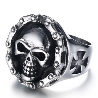 Chevali�re homme acier � crane et chaine de moto