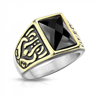 Chevali�re homme en acier � pierre noire rectangulaire et dorures