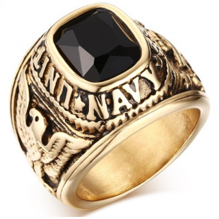 Chevali�re homme en acier dor� US Navy � pierre noire onyx