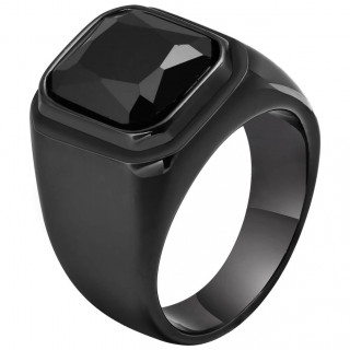 Chevali�re homme noire acier � pierre en verre noir