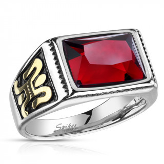 Chevali�re mixte en acier � pierre rouge et symbole myst�rieux