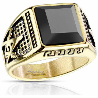 Chevali�re � symboles franc ma�on en acier dor� � pierre noire