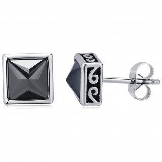 Clous d'oreilles acier style celtique � pierre noire en pyramide (Paire)
