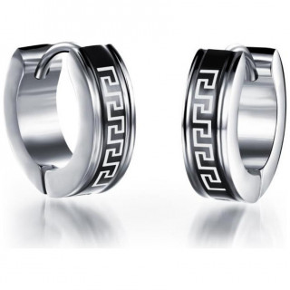 Cr�oles homme en acier � motif labyrinthe sur bandeau noir (Paire)