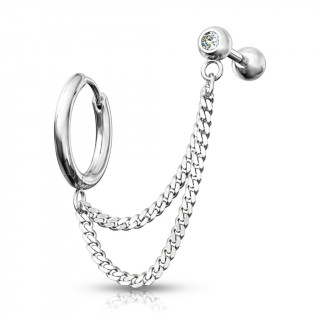 Double piercing d'oreille anneau clip et barbell strass enchain�s - Inox