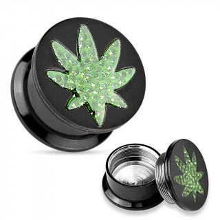Ecarteur plug en acier plaqu� IP noir � feuille de cannabis en strass verts