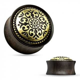 Ecarteur plug en bois d'�b�ne � bouclier tribal grav� en laiton