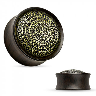 Ecarteur plug en bois d'�b�ne � rosace grav�e sur laiton