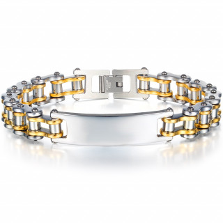 Gourmette homme style chaine de moto dor�e et argent�e en acier