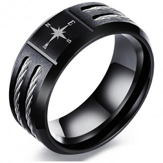 Bague homme noire � compas de navigation et filins d'acier