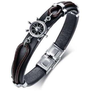 Bracelet homme similicuir noir et marron � roue nautique en acier