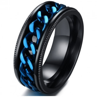 Bague homme crant�e en acier noir � chaine bleue
