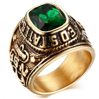 Chevali�re homme en acier dor� US Navy � pierre vert emeraude