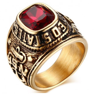 Chevali�re homme en acier dor� US Navy � pierre rouge rubis