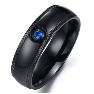 Anneau en acier noir pour homme � bords crant�s et pierre bleue