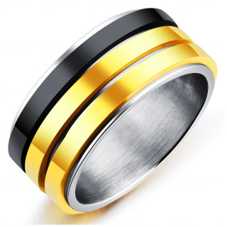 Bague homme 3-tons en acier � bandes en relief