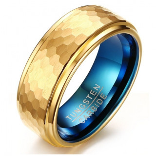 Bague homme en tungstene bleu et dor� martel�