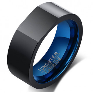 Bague homme tungstene noire � face plate et int�rieur bleu