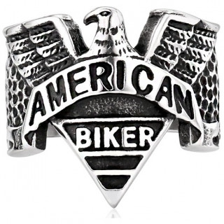 Bague homme en acier grav� "American Biker" avec aigle
