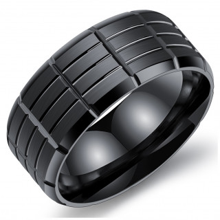 Bague homme noire en acier � sillons crois�s