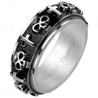 Bague homme acier bandeau tournant � cranes et croix en relief